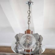 Space Age metal and wood pendant light, 3-globe chandelier, Sputnik chandelier, lamp