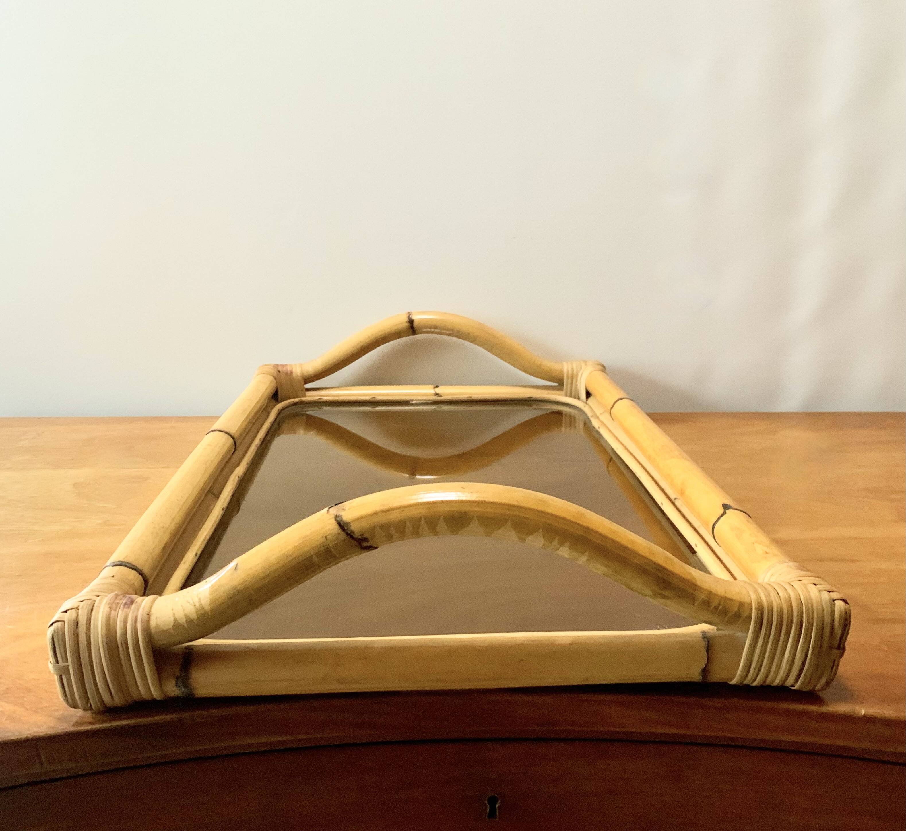 Large vintage tray in bamboo and smoked glass