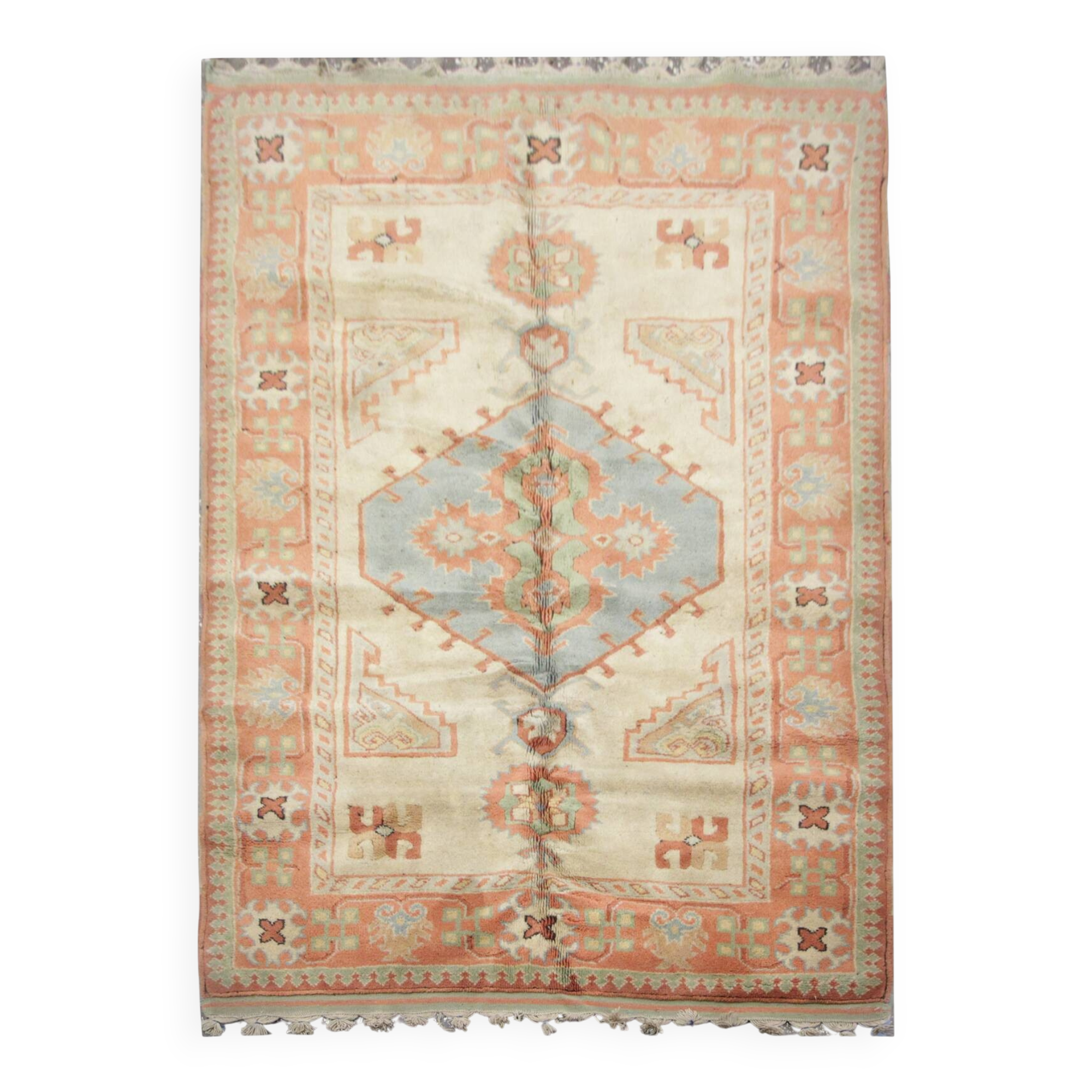 Handmade Rustic Vintage Turkish Rug, Beige & Blue Geometric Rug 220x145 cm