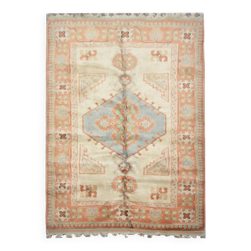 Handmade Rustic Vintage Turkish Rug, Beige & Blue Geometric Rug 220x145 cm