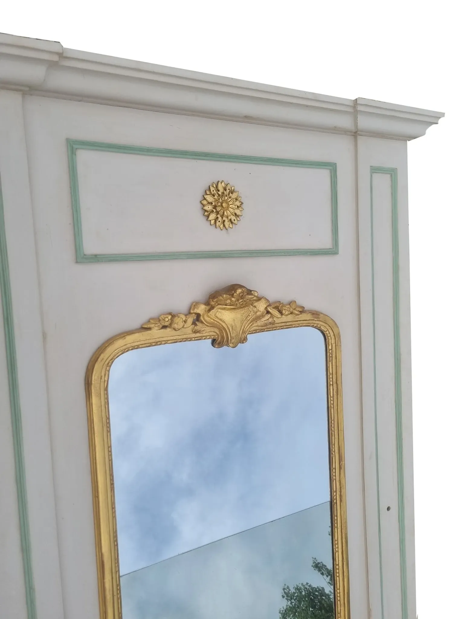 Large French mirror in architectural panel with gilt frame