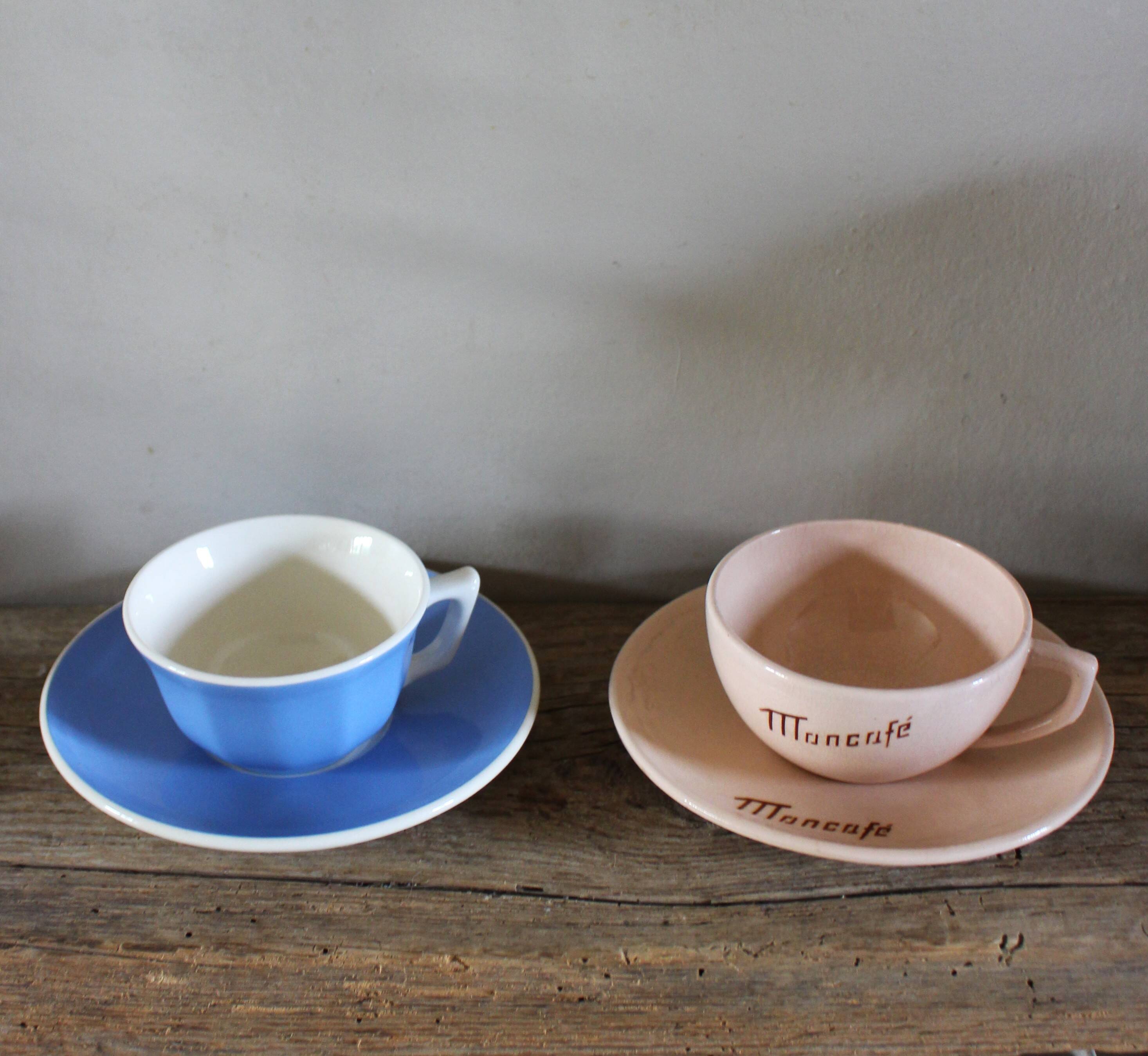 2 coffee cups and saucers pink Digoin Sarreguemines blue Villeroy Boch
