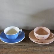 2 coffee cups and saucers pink Digoin Sarreguemines blue Villeroy Boch