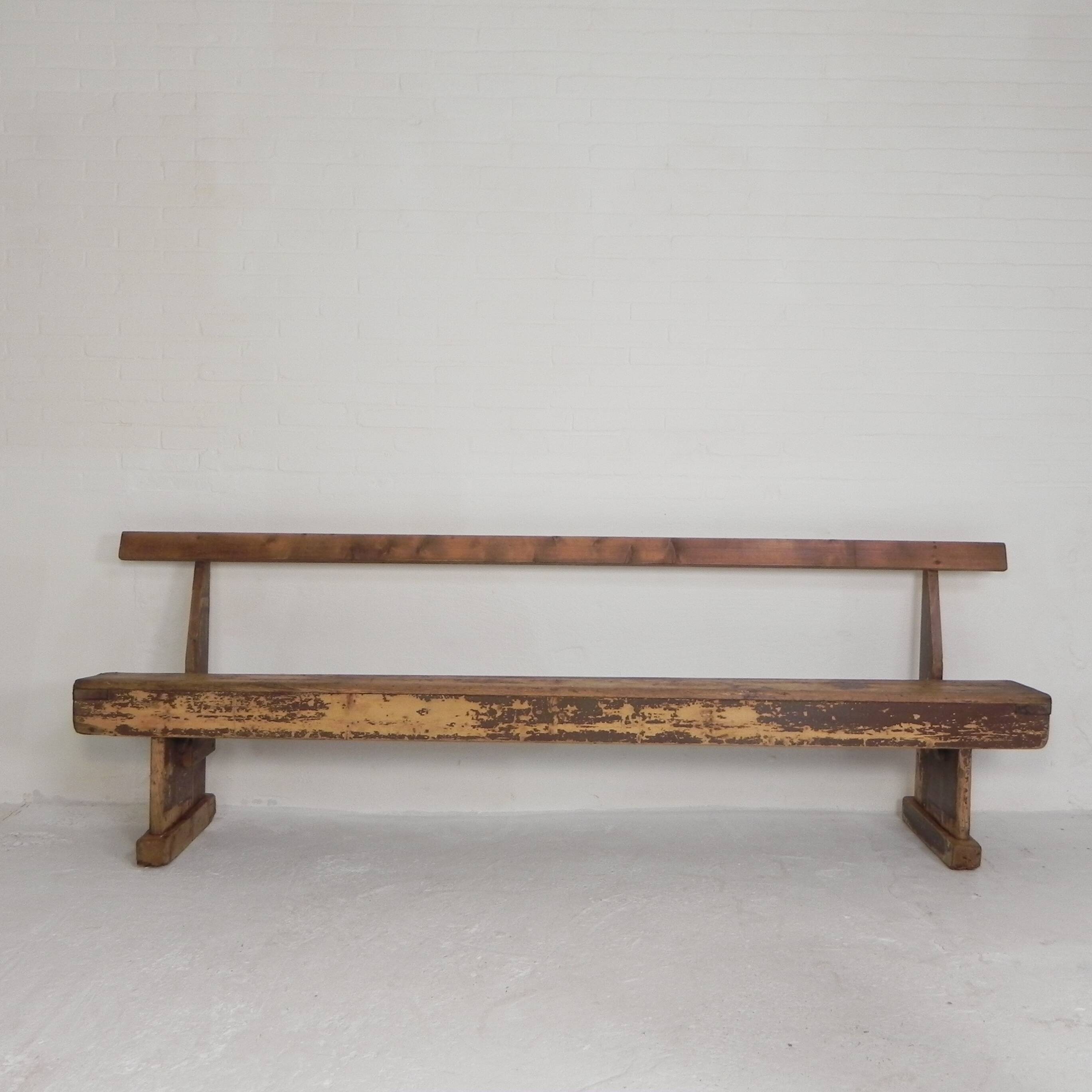 Pine bench with backrest, 2.5 metres long, 1950s.
