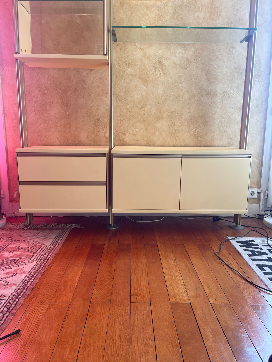 Library, vintage glass and gold aluminium display case, 1980s.