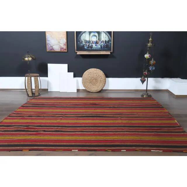 1970s Vintage Turkish Handmade Wool Cotton Red Kilim Rug 219x285