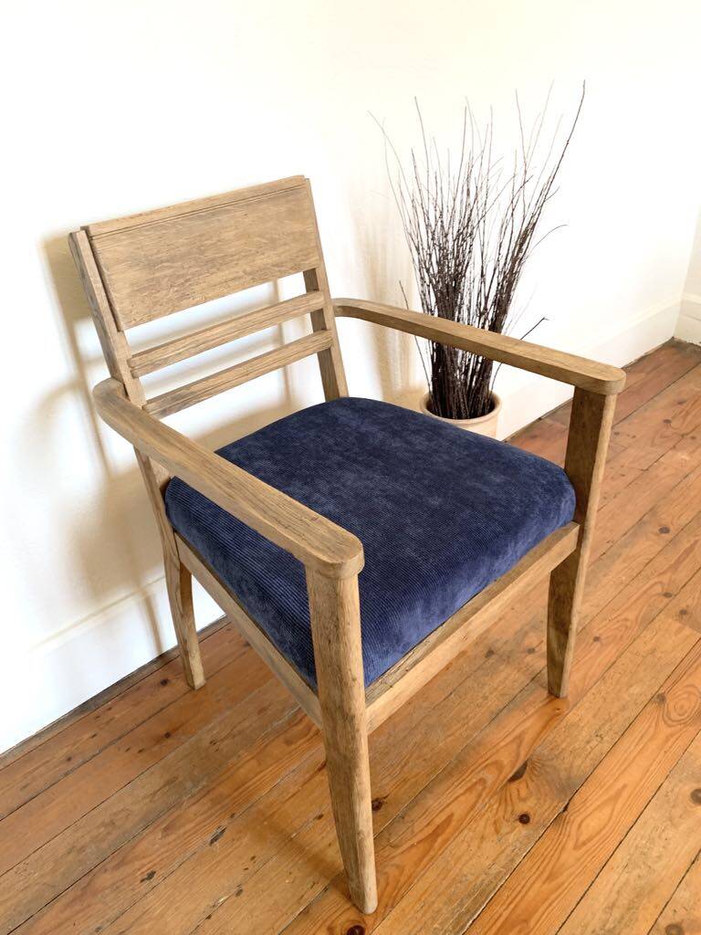 Art Deco armchair in solid wood and blue corduroy fabric