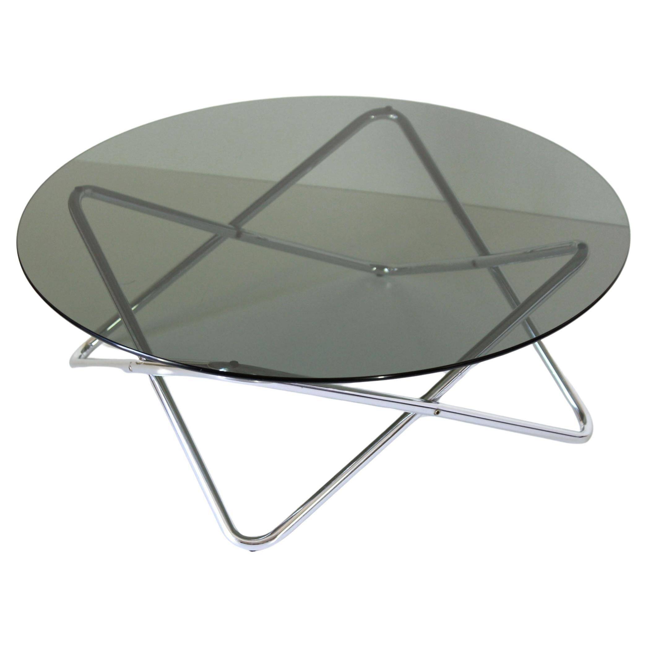 1970s vintage smoked glass and chromed round coffee table