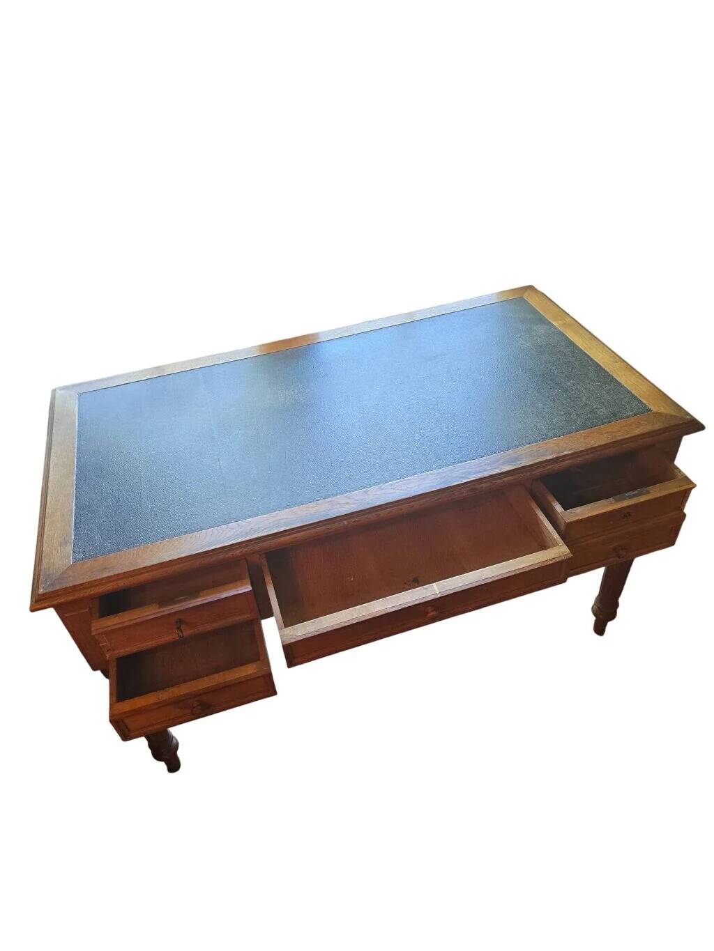 Antique flat desk in oak and black leather, Louis-Philippe style.