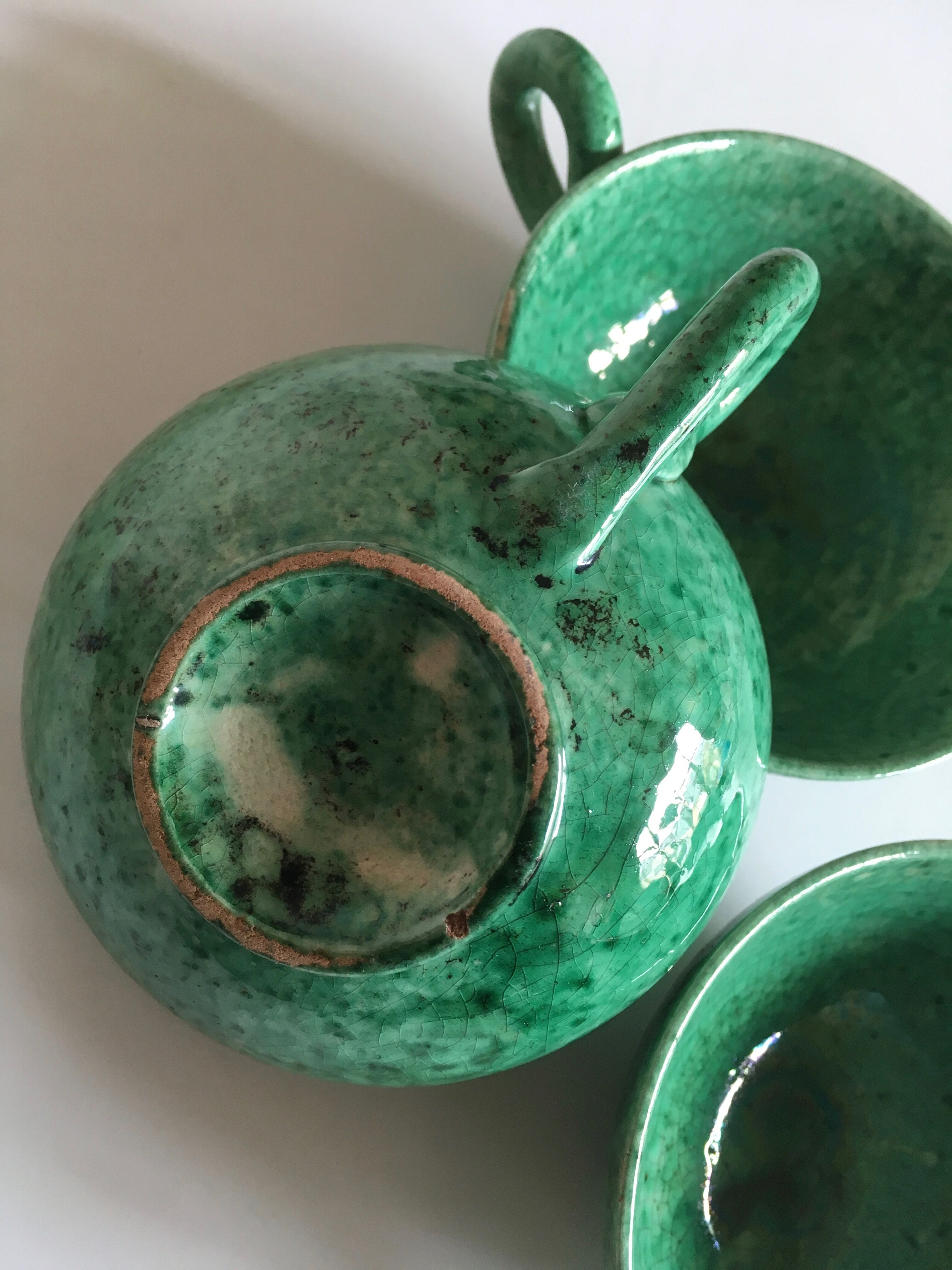 Cups green glazed ceramic, marius giuge, vallauris 50's