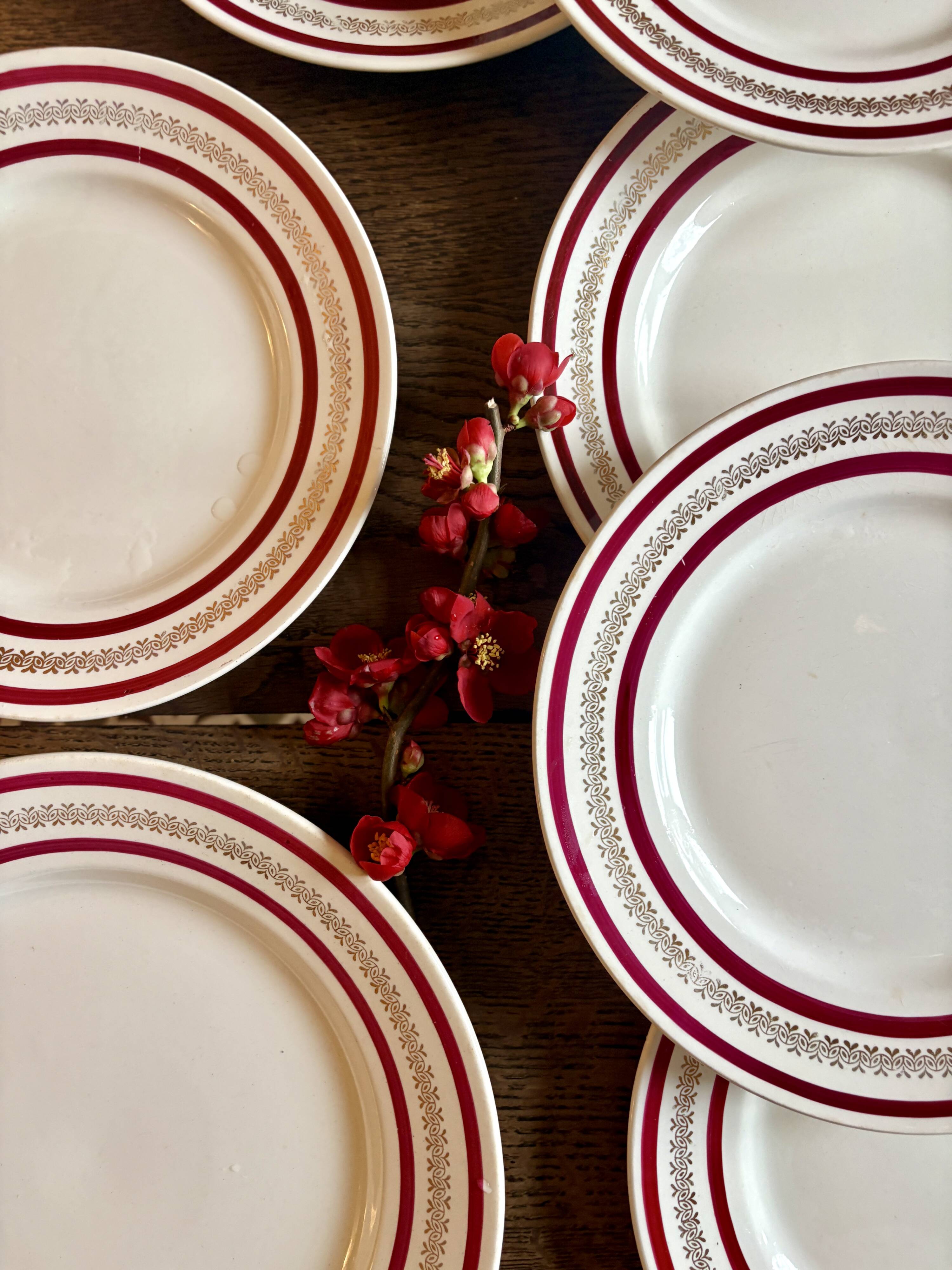 Set of 8 flat plates and a vintage dish, red and gold decorations, manufactured