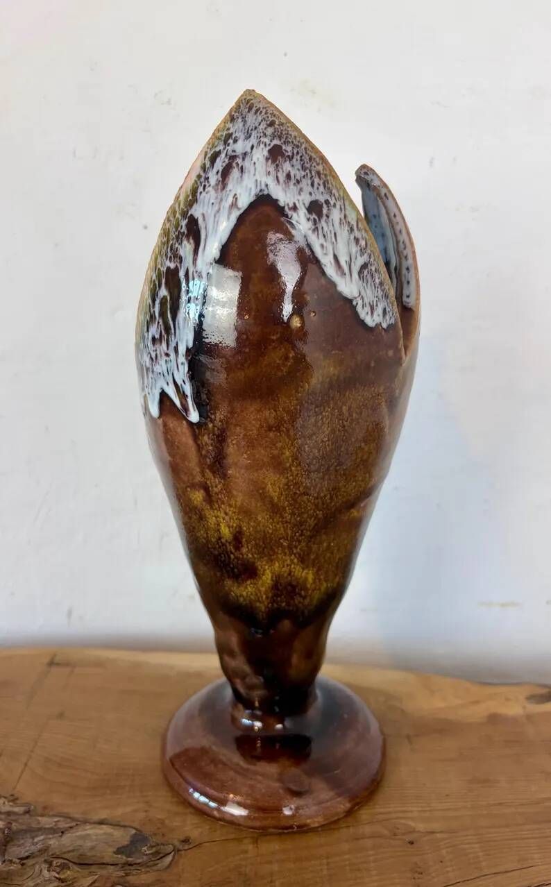 Vintage Mid-Century Modern Studio Pottery Tulip Lotus Bud Pedestal Vase - Earthen Brown & White Glaze