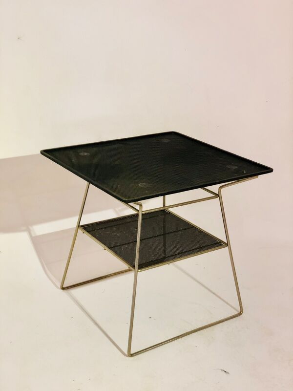 Table d'appoint vintage double plateaux métal chromé et métal perforé noir