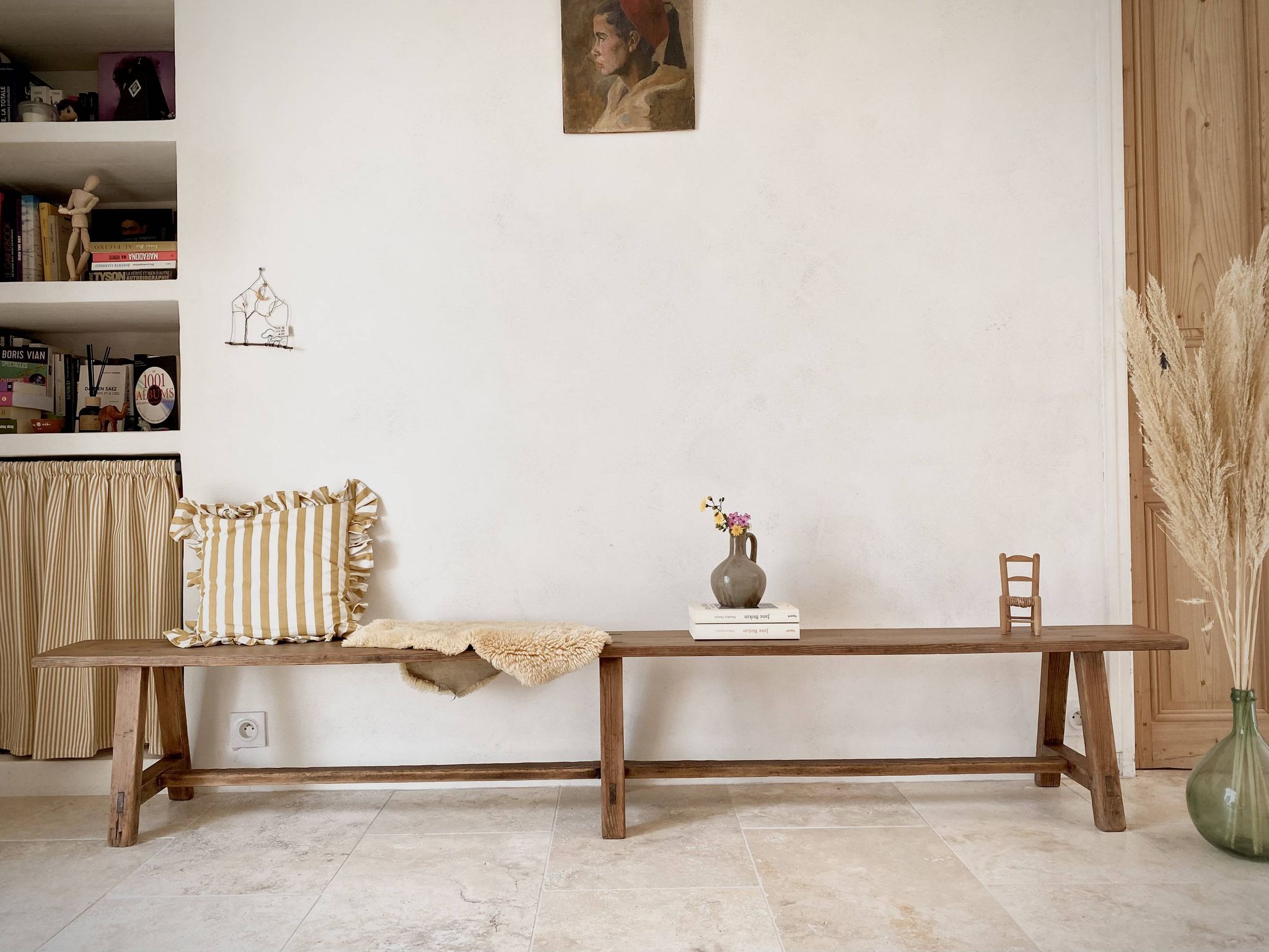 Large antique farmhouse bench 252 cm raw wood patinated