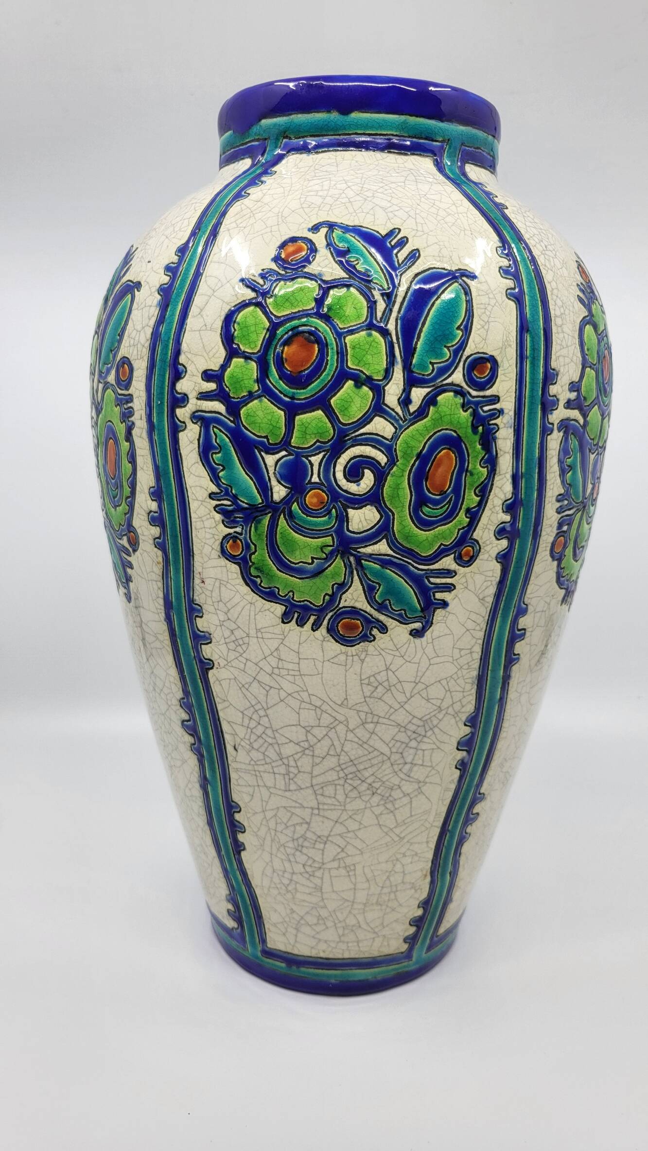 Charles Catteau vase, Kéramis Boch in tall ceramic Belgium Art Deco 1925