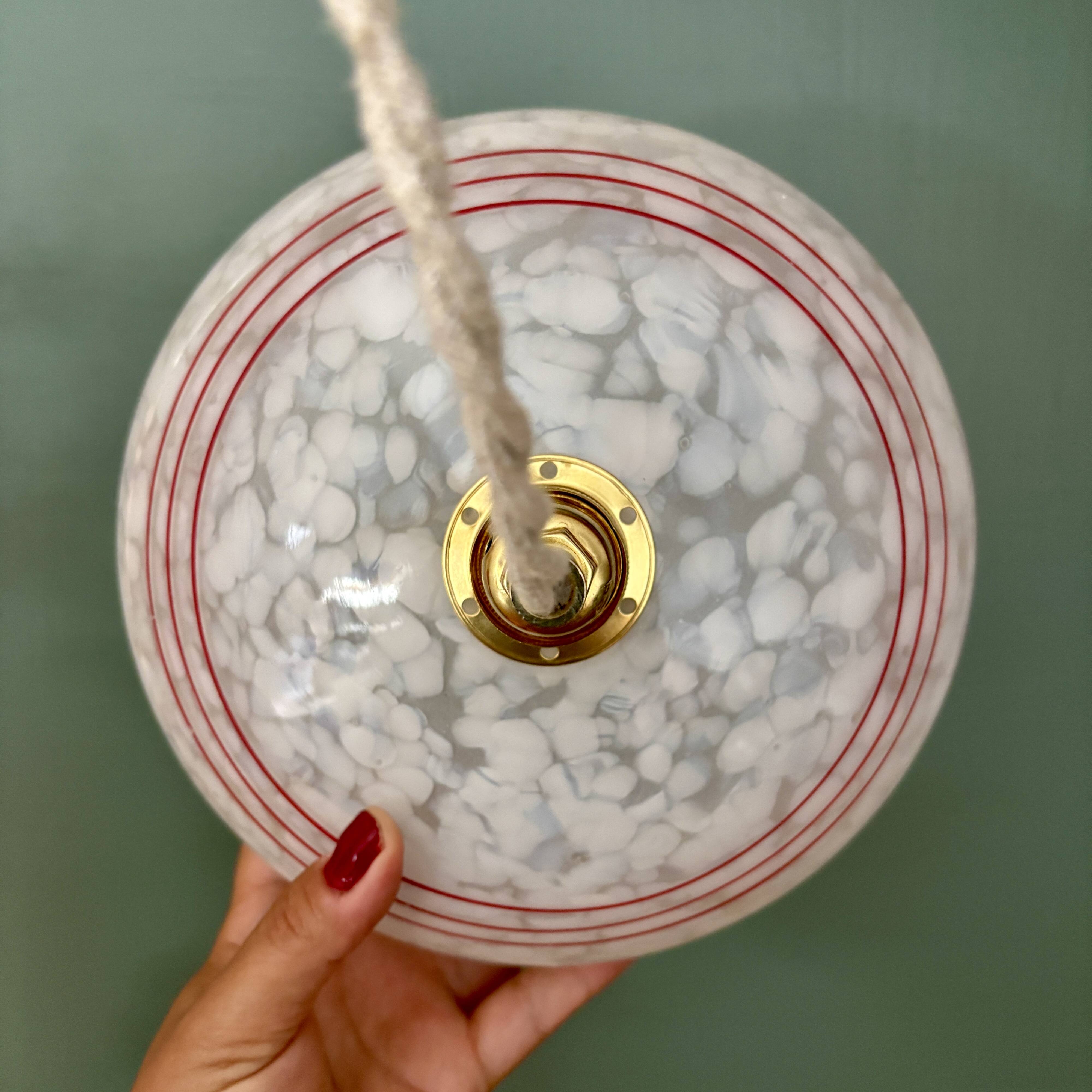 Vintage white clichy glass lampshade pendant light with red trim