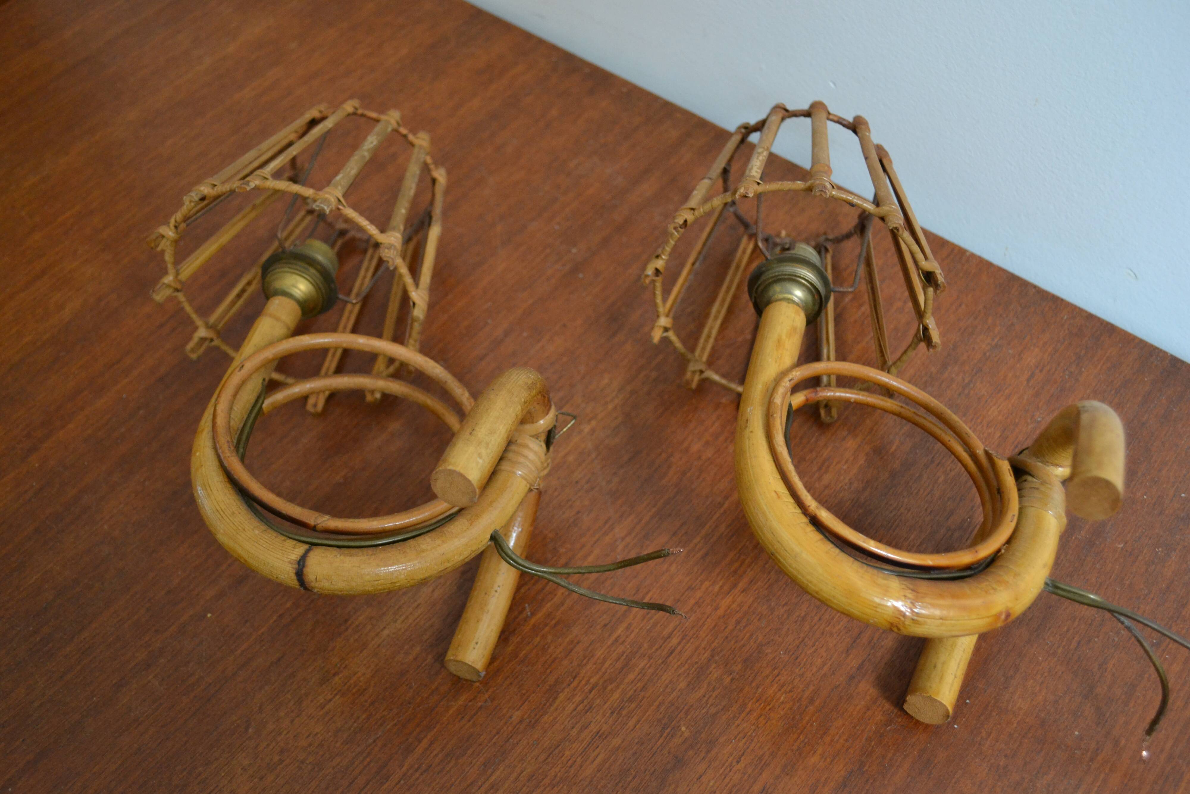 Pair of rattan wall lamps 70s Louis Sognot