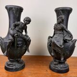 François Moreau: Pair of vases with Napoleon III period characters in regula with bronze patina