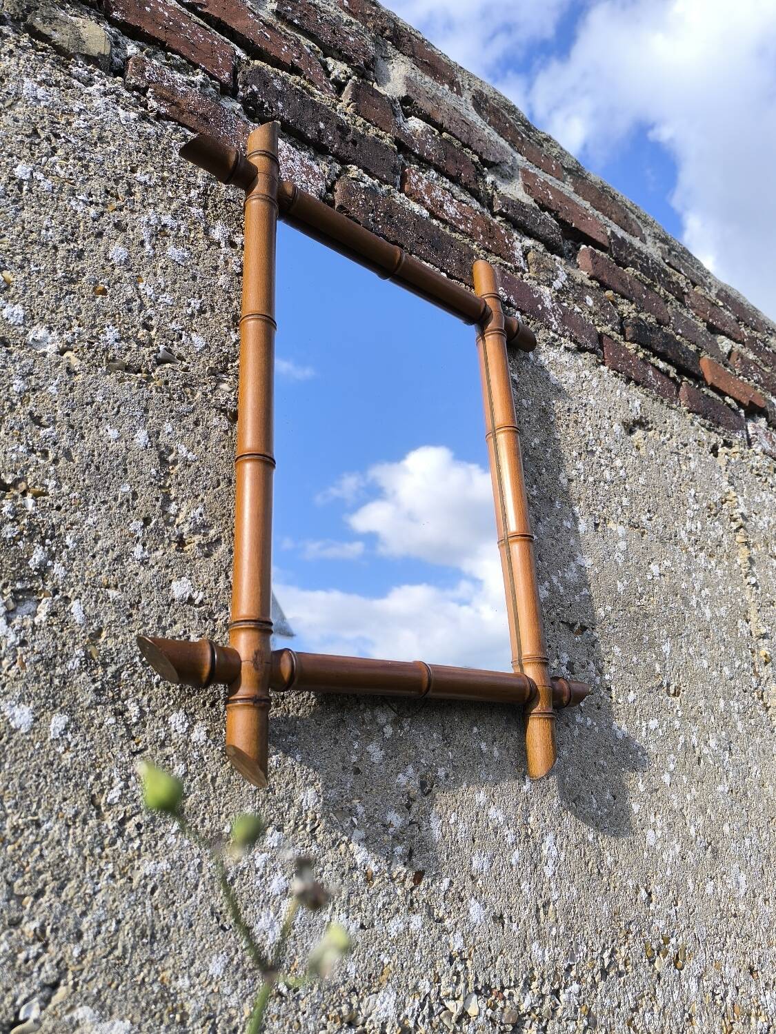 Bamboo-style turned wooden mirror, 1950s
