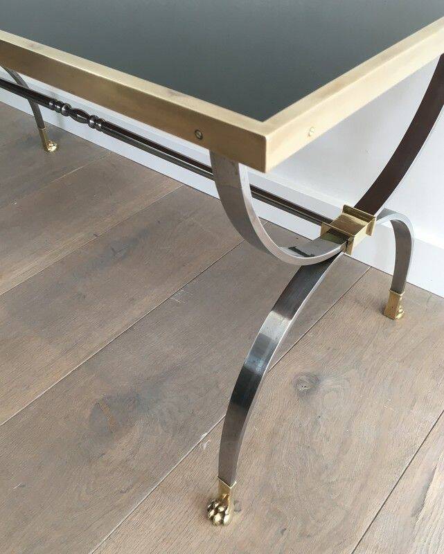 Coffee table in brushed steel and brass. Maison Jansen
