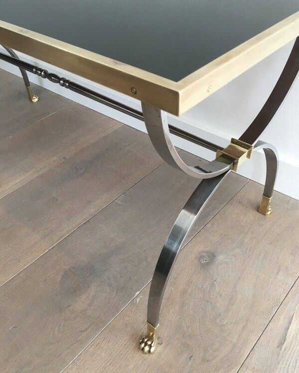 Table basse en acier brossé et laiton. Maison Jansen