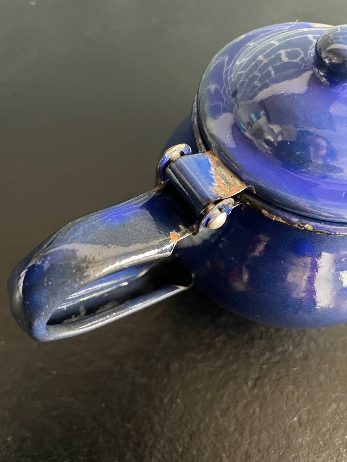 Mini blue enamelled sheet metal teapot