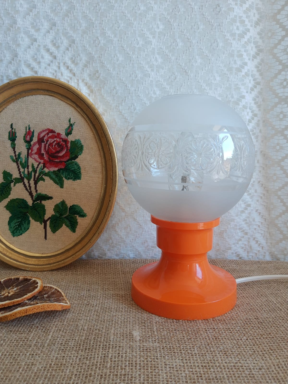 Retro orange table lamp and 70s glass globe