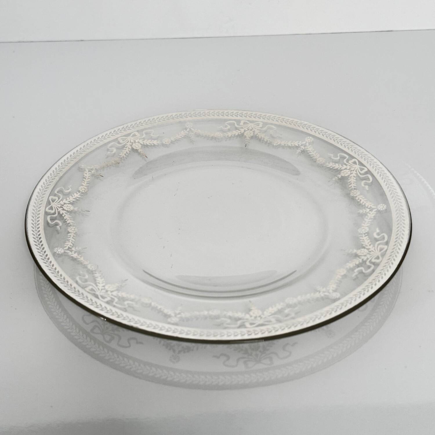 Vintage Glass Dessert Plate with Silver Ribbons/Bows and Garlands