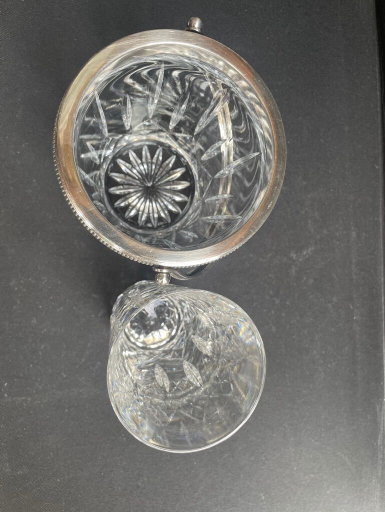 Ice bucket with spoon and glass – cut crystal and silver metal