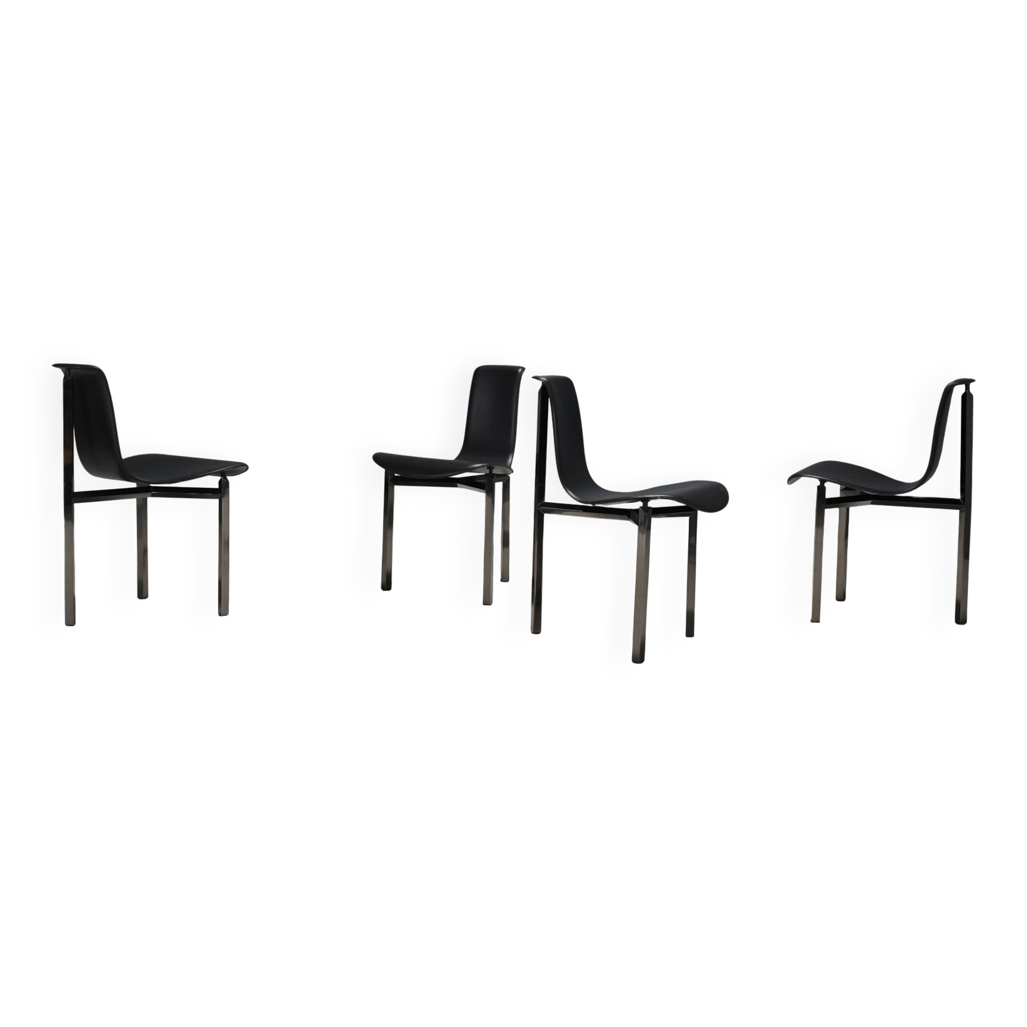 Leather Three-Legged Chairs with Chrome Finishes, Italy, 1970s