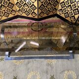 Table basse en métal chromé et verre fumé 1970