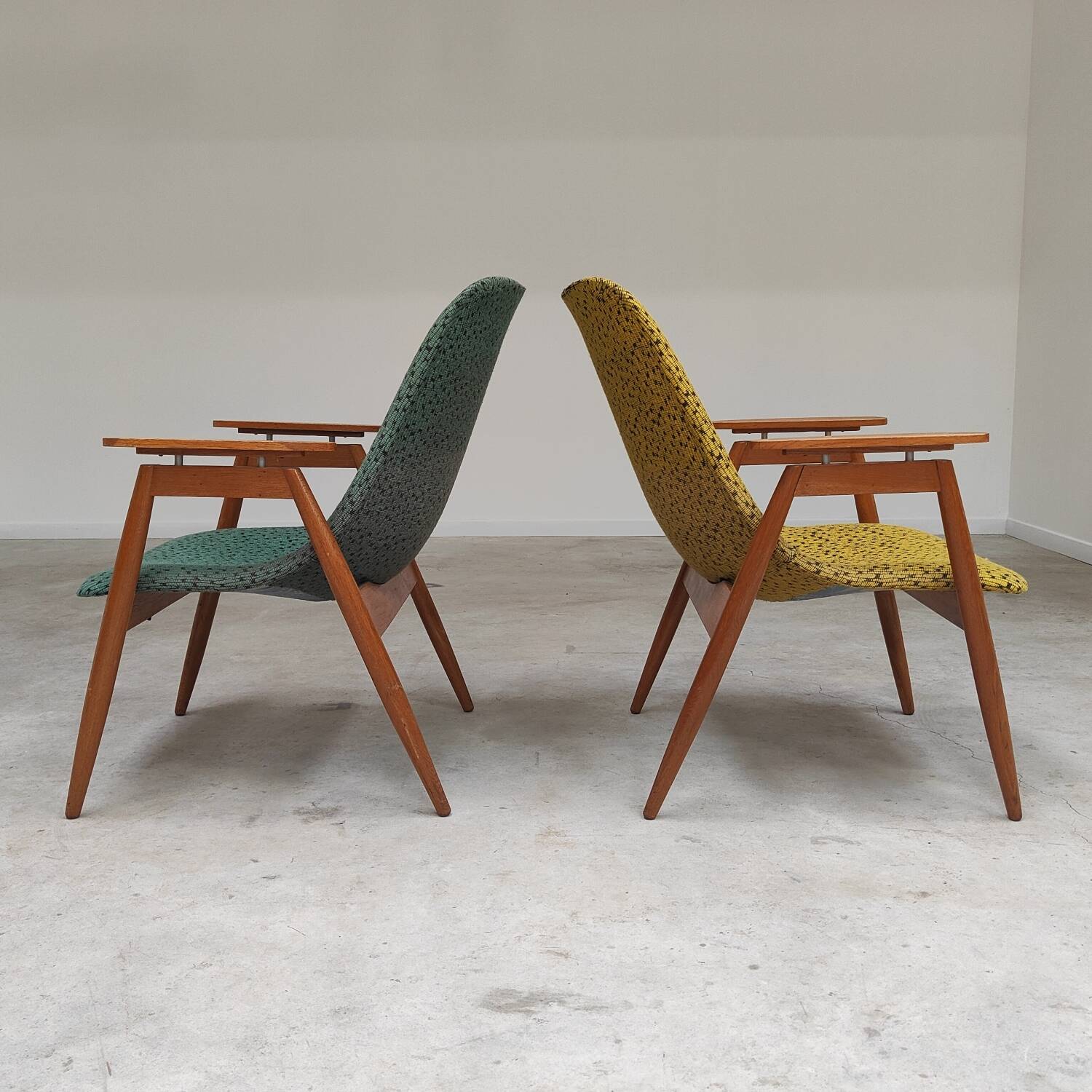 Pair of yellow and green resin and wood armchairs by Miroslav Navratil