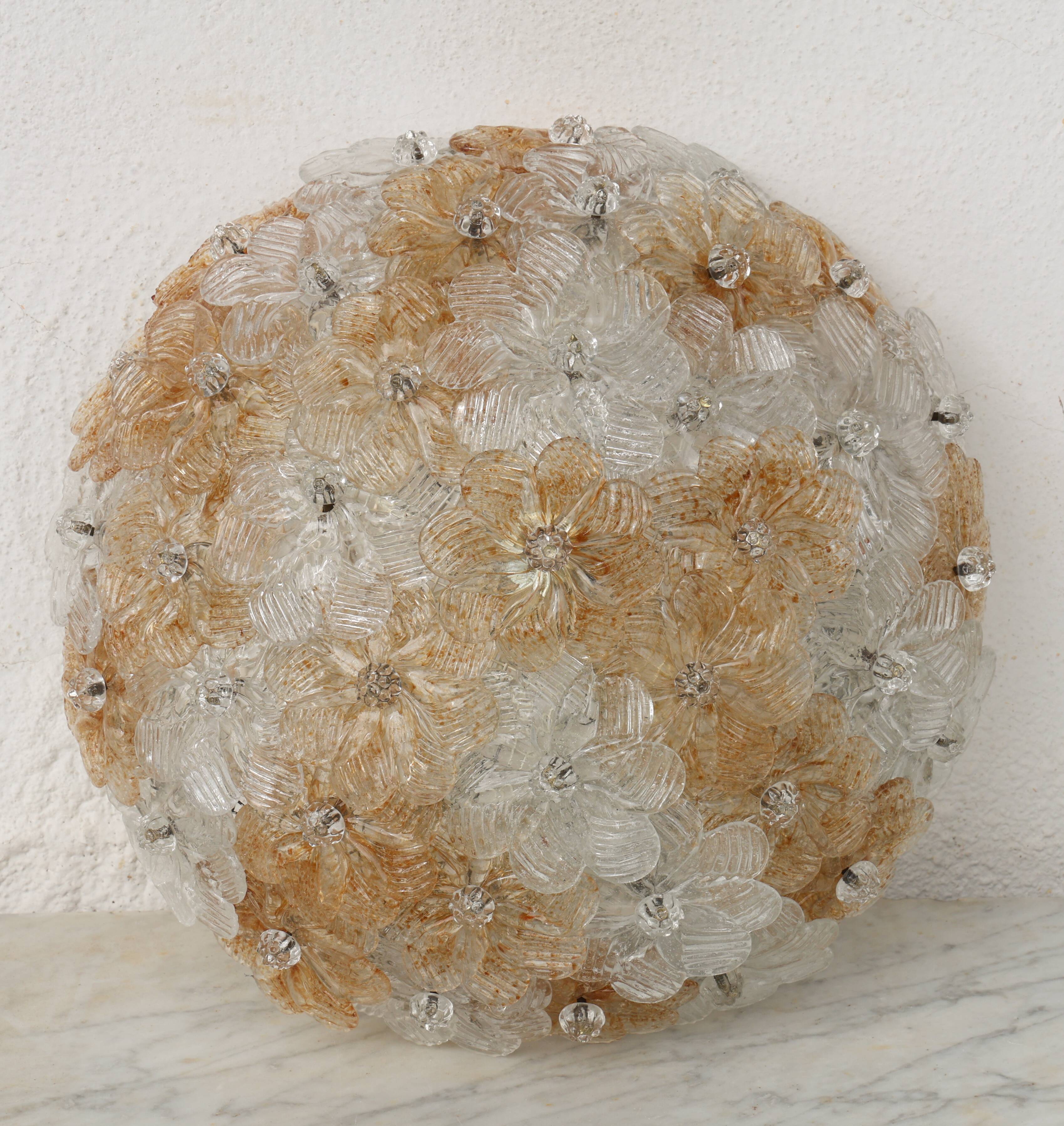 Wonderful Orange and Transparent Murano Glass Ceiling Light Flower by Seguso