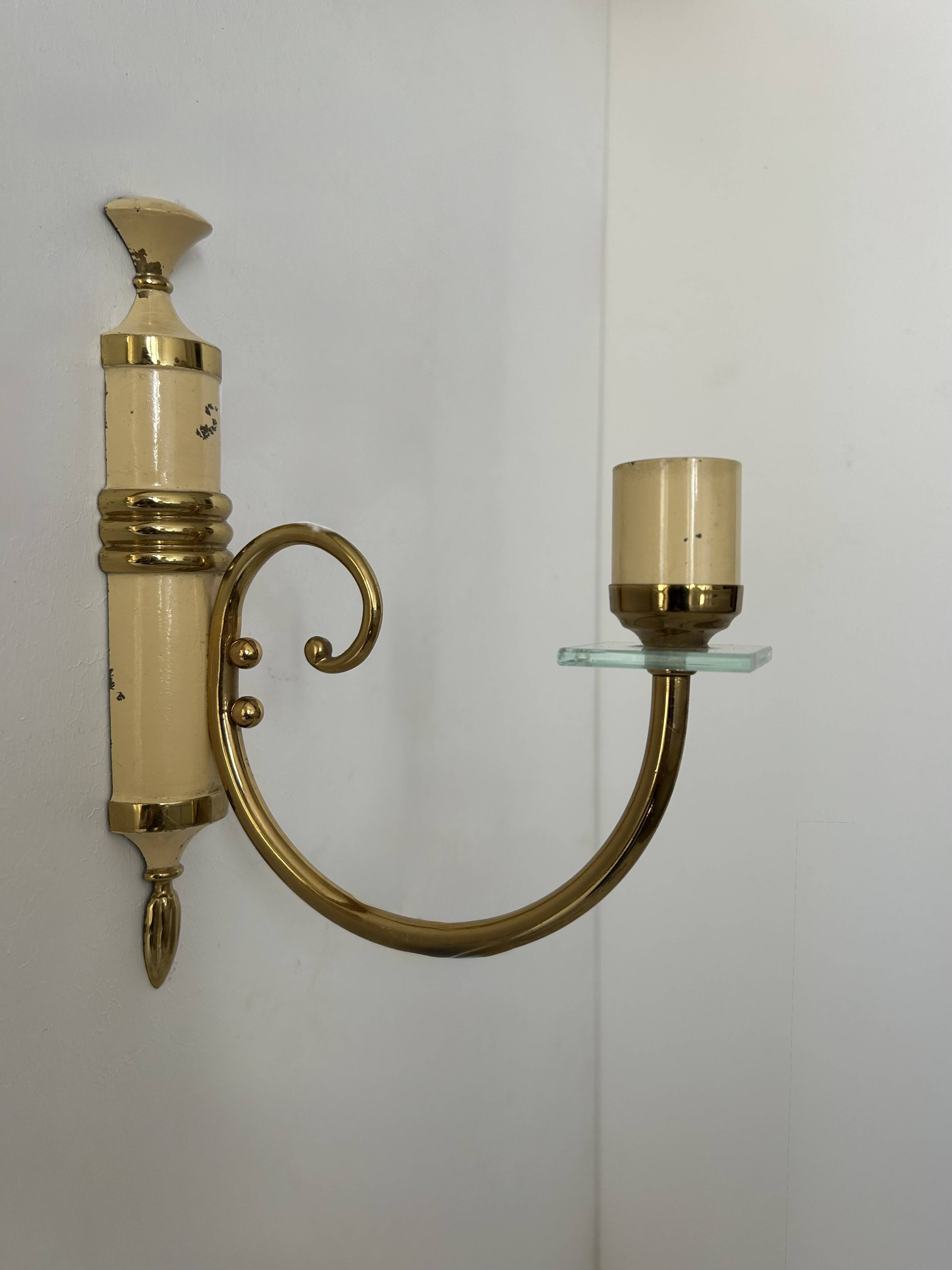 Pair of vintage patinated brass wall lights, France, 1940s