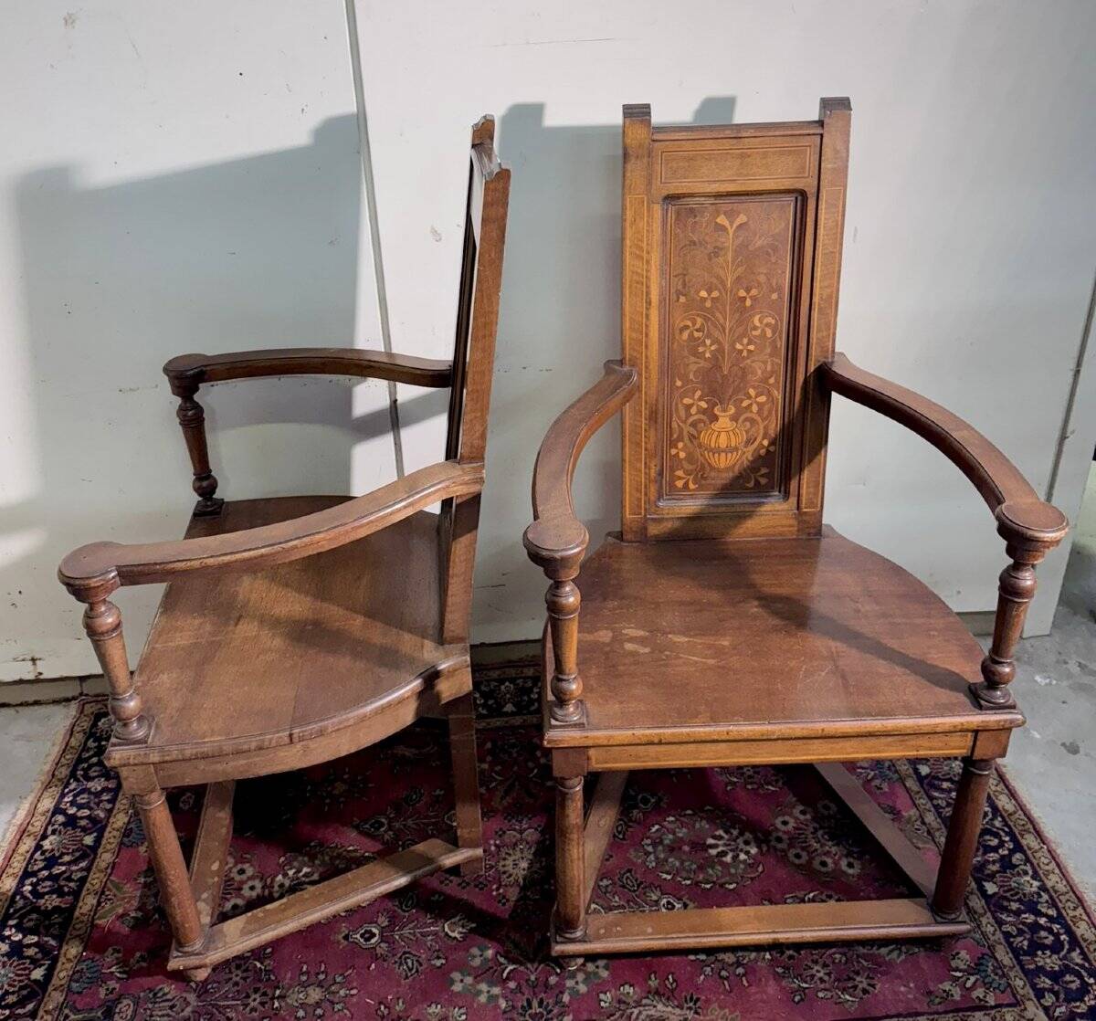Pair of Renaissance style armchairs in walnut and marquetry.