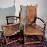 Pair of Renaissance style armchairs in walnut and marquetry.