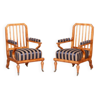 Restored Biedermeier Pair of Armchairs, Oak, Cherry Veneer, Austria, 1830s