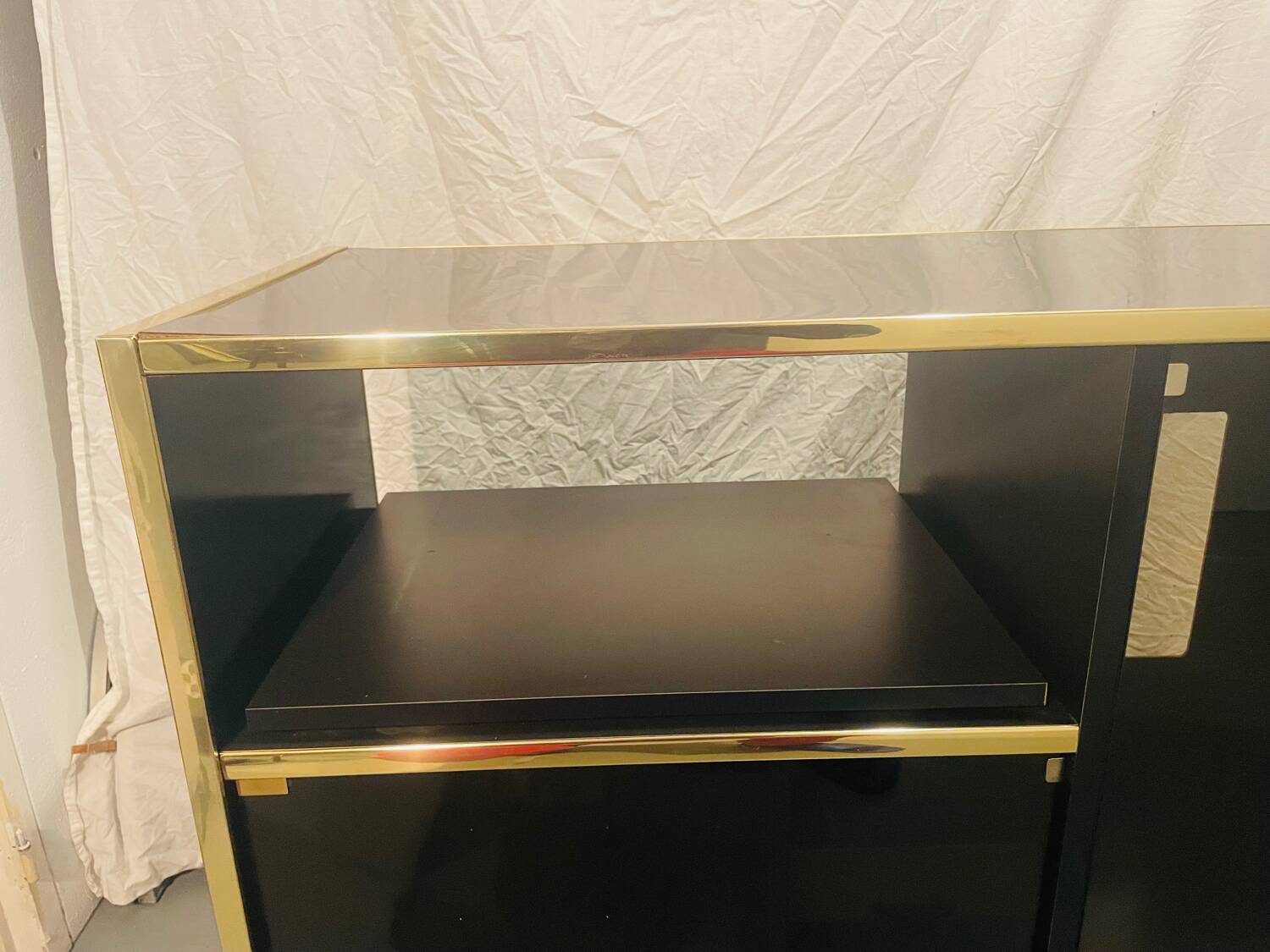 Sideboard, black lacquered and brass Hi-fi unit by Roche Bobois, circa 1970