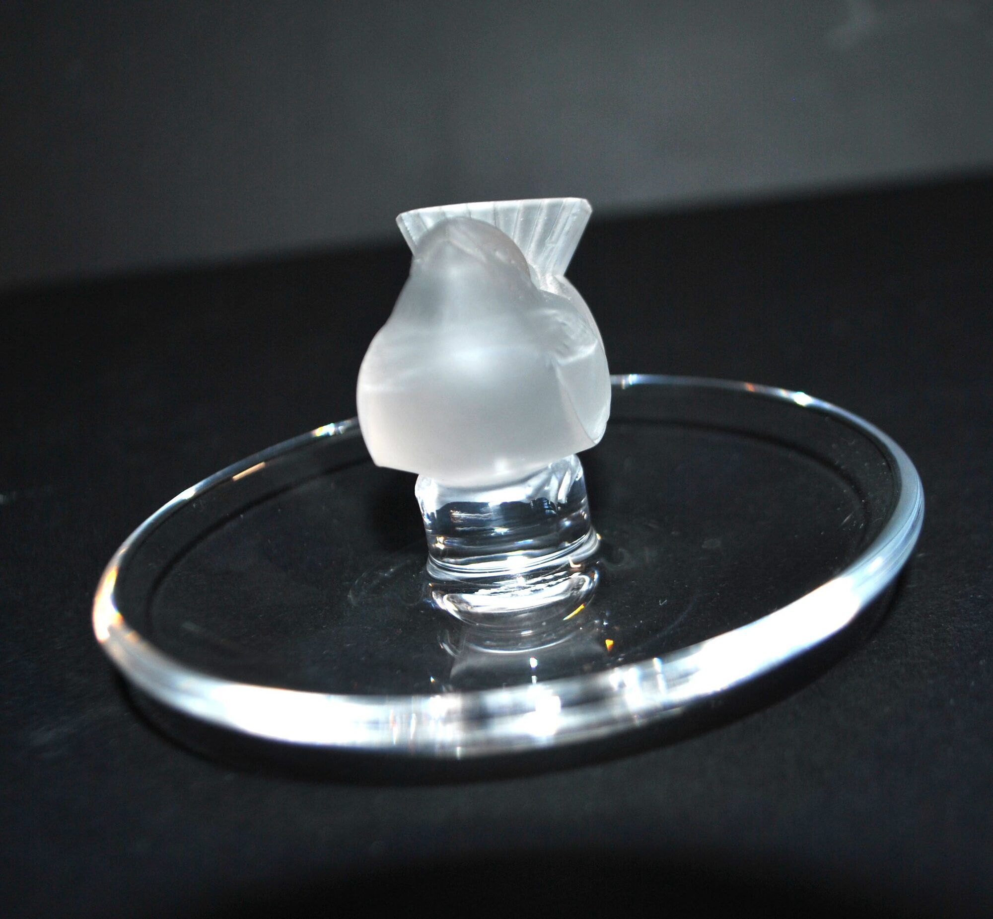Lalique ashtray bowl Cheeky Sparrow crystal frosted and signed