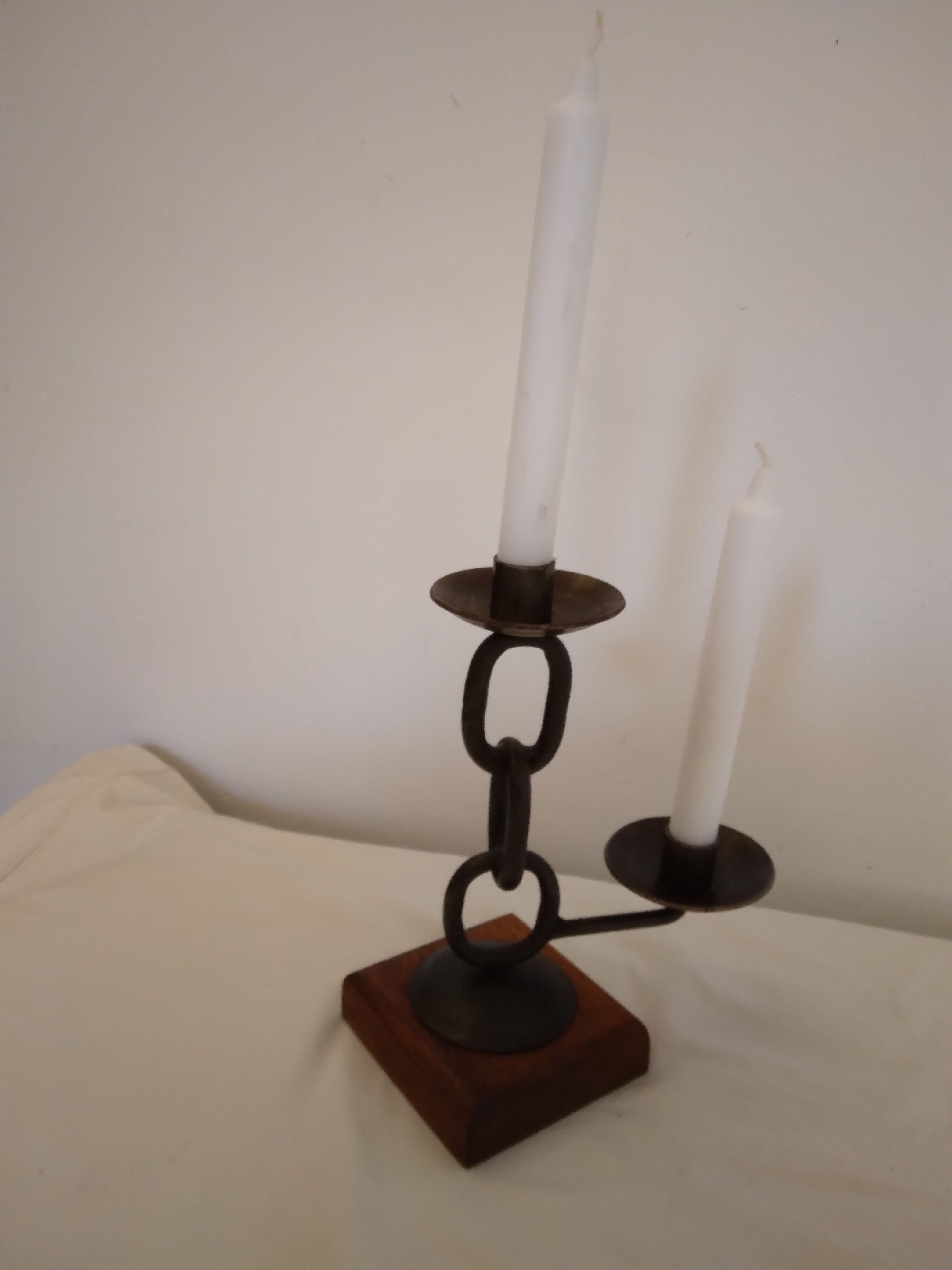 Double brutalist wrought iron candle holder