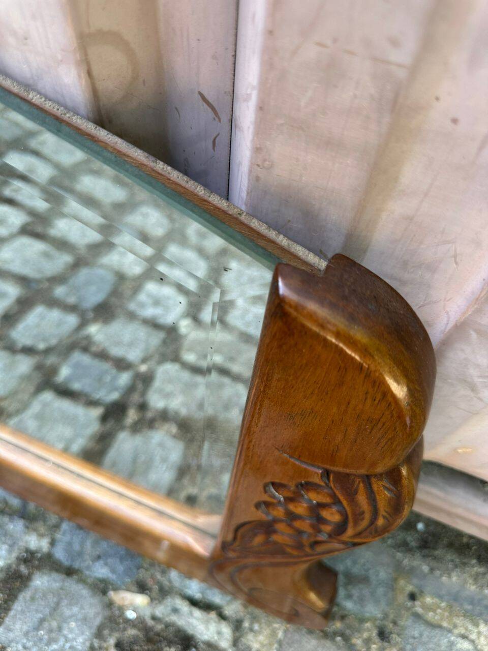 Art Deco concave mirror, arc-shaped, carved in solid wood, 1940, 120cm.