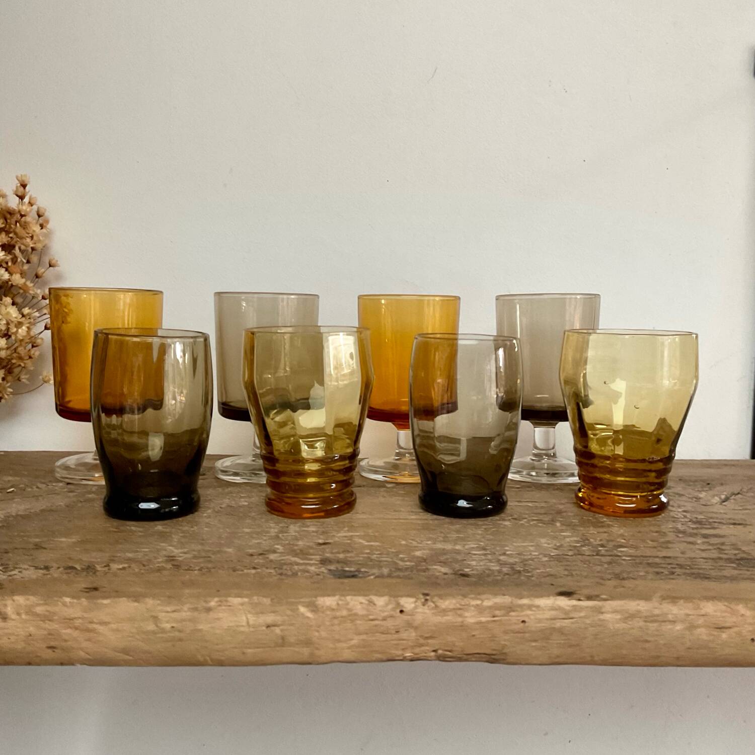 8 small, mismatched vintage glasses