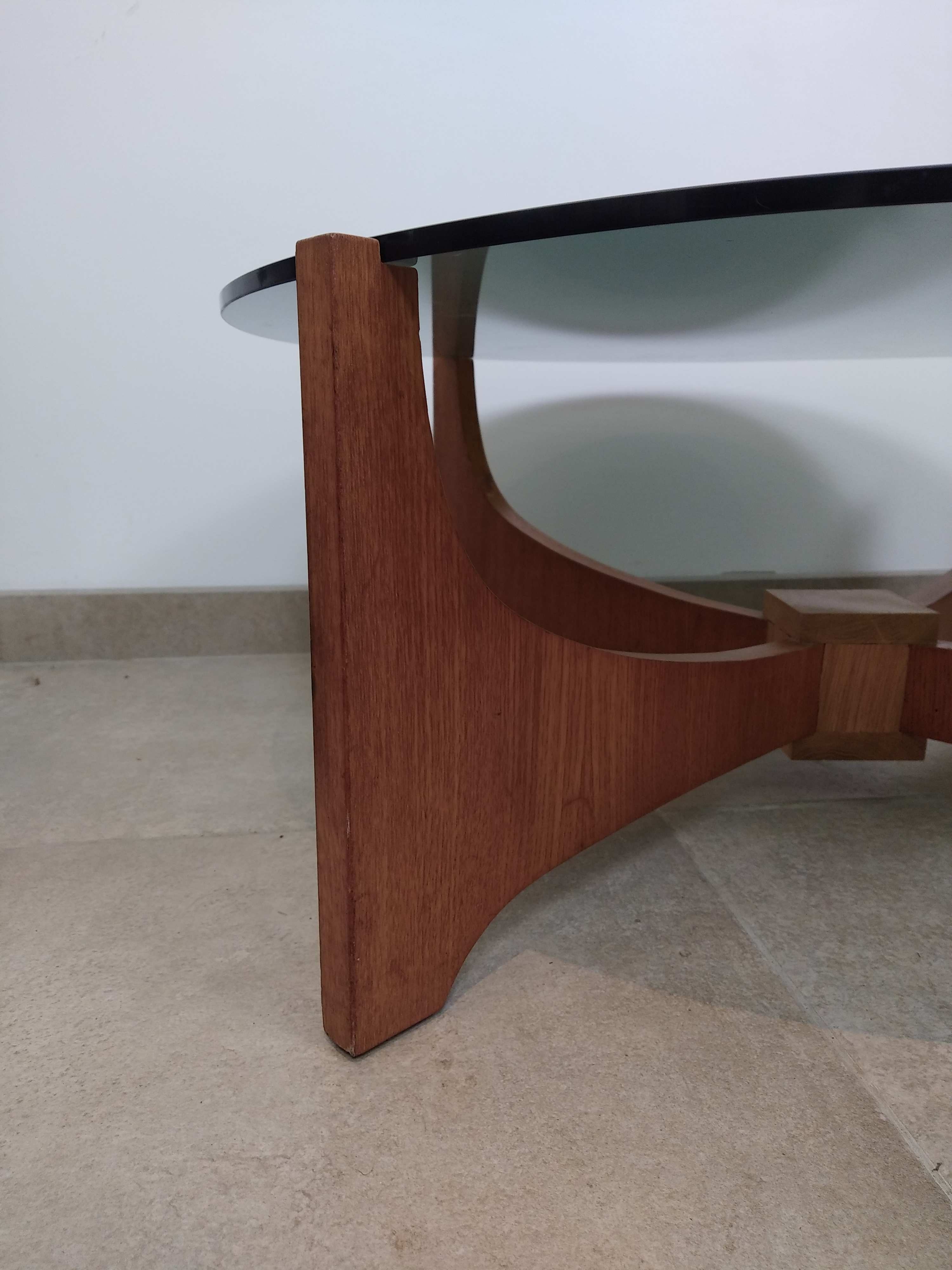 Teak round coffee table and smoked glass