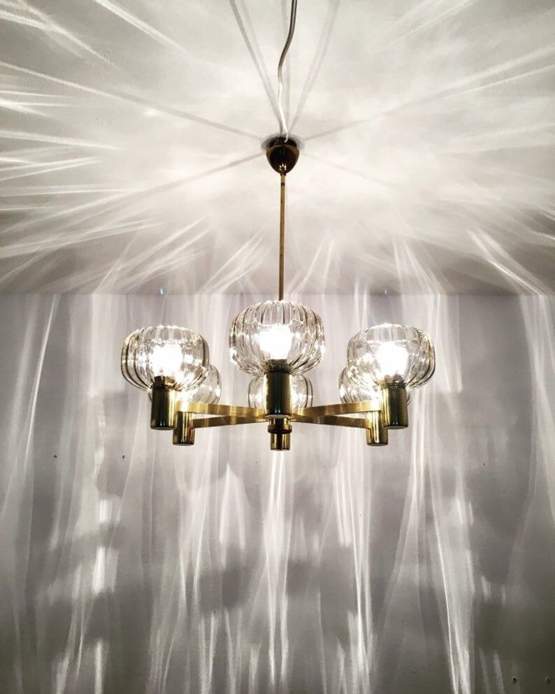 Mid Century Modern brass chandelier with smoked glass shades