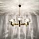 Mid Century Modern brass chandelier with smoked glass shades