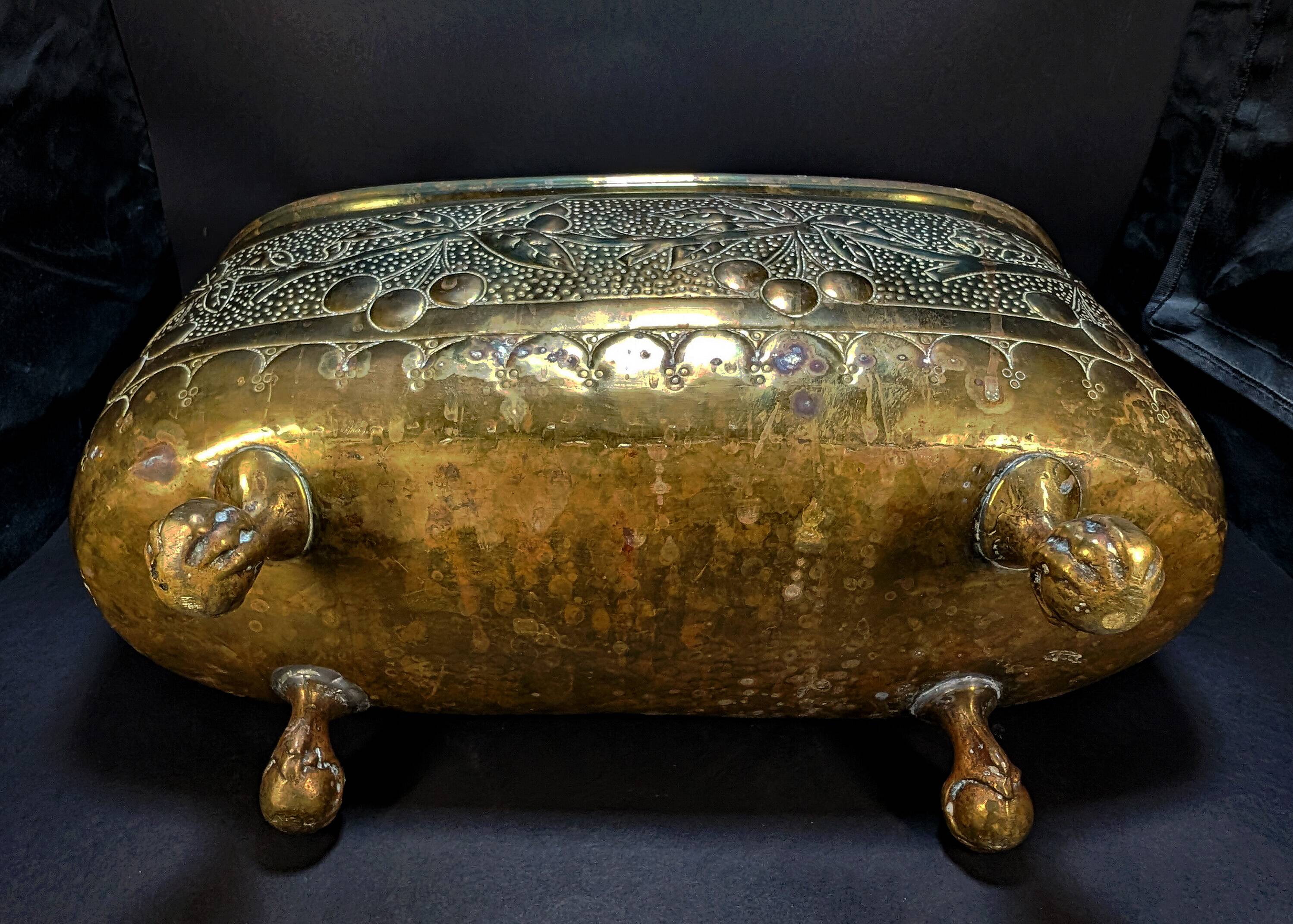 Antique Brass Jardinière – Repoussé Cherry & Leaf Décor – c.1900
