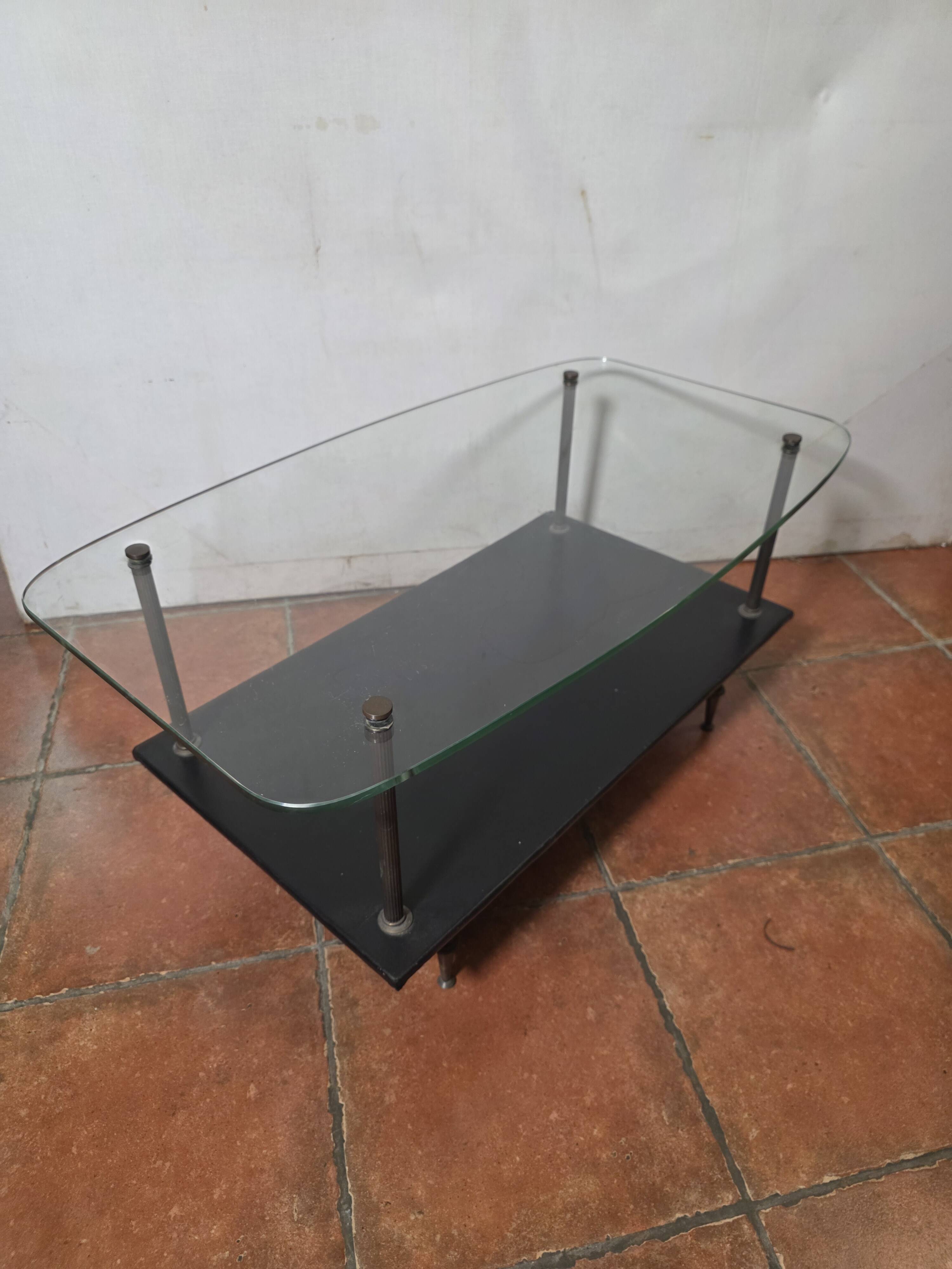 Vintage coffee table from the 1960s, glass, faux leather, brass.