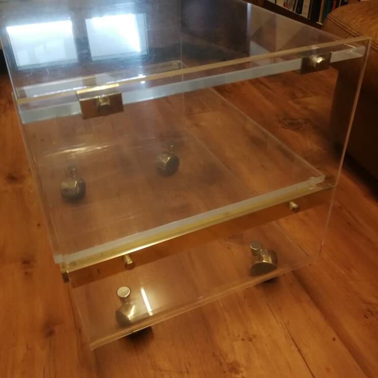 David Lange designer coffee table, plexiglass and gold metal, sliding top