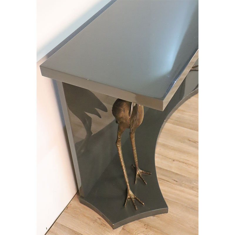 Vintage lacquered wooden console decorated with brass herons 1970