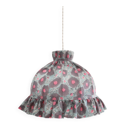 Suspension vintage recyclée — Carcasse dôme et habillage fleuri gris-bleu
